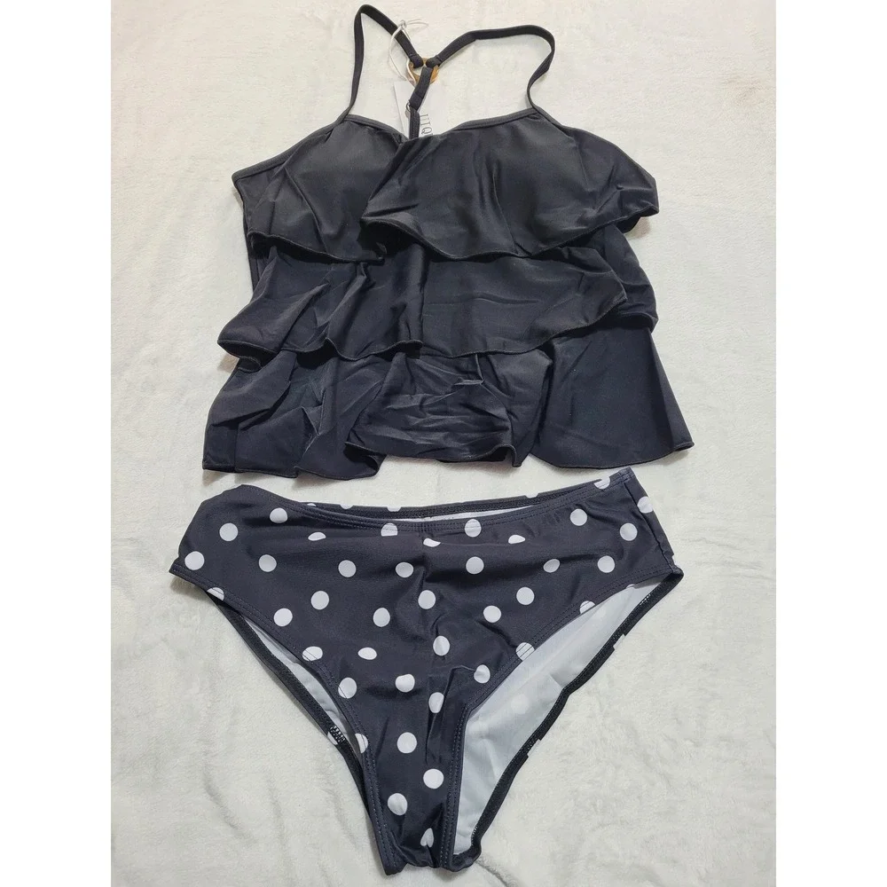 NWT UIQUR Tankini Swimsuit Kids 11-12Y Black Polka Dot New Ruffle Tiered Set